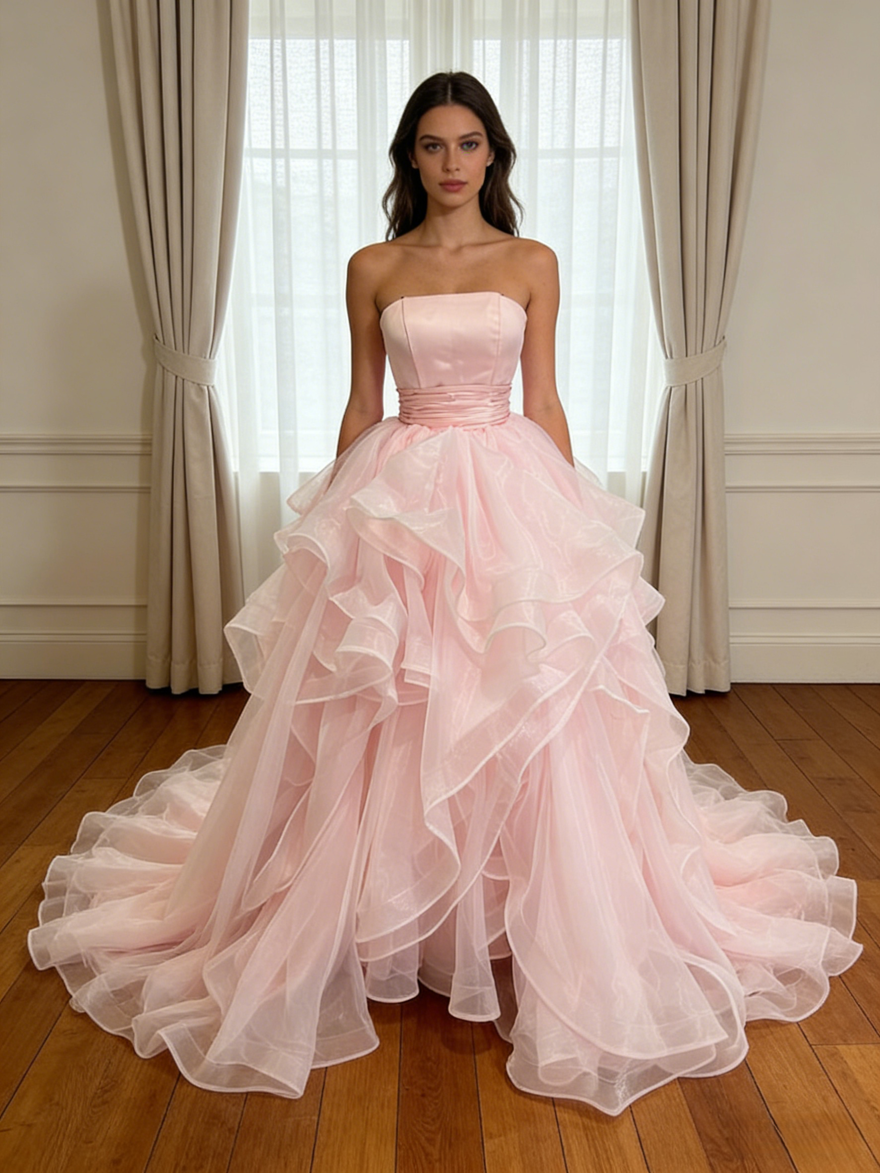 豪華！カラードレス 薄桃色 ベアトップ ラッフルフリル 豪華なバックリボン プリンセスライン 花嫁