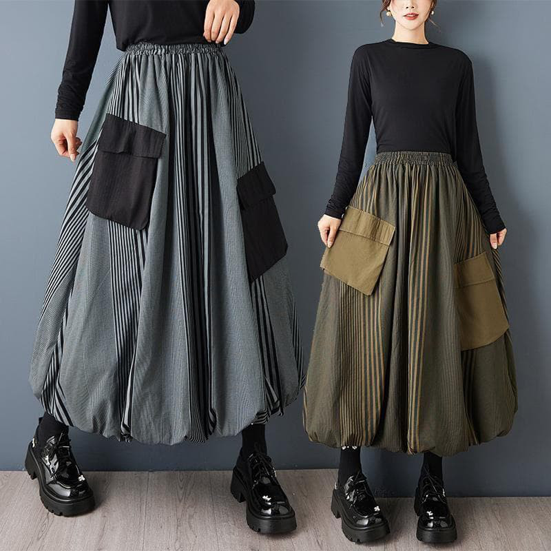 新品 大きいサイズ ゆったり ストライプ バルーンスカート 緑 カーキ秋冬m