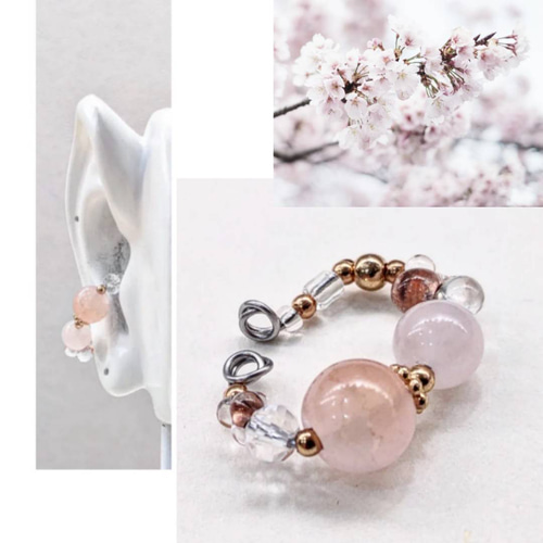 桜色クラックアートグラス×天然石ローズクォーツ❀調節可能