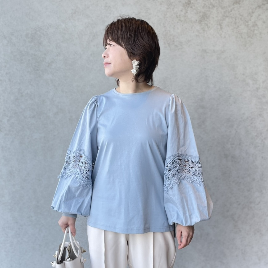 小柄S■可愛くて品格アップ♪異素材コンビ 着痩せカットソーブラウス 青■フォーマル卒業 KMC-791 935802