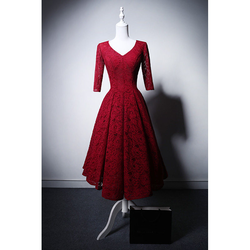 高級感 赤 Vネック 長袖 花 レース パーティードレス 綺麗 花嫁 誕生日 成人式 二次会 前撮り M095