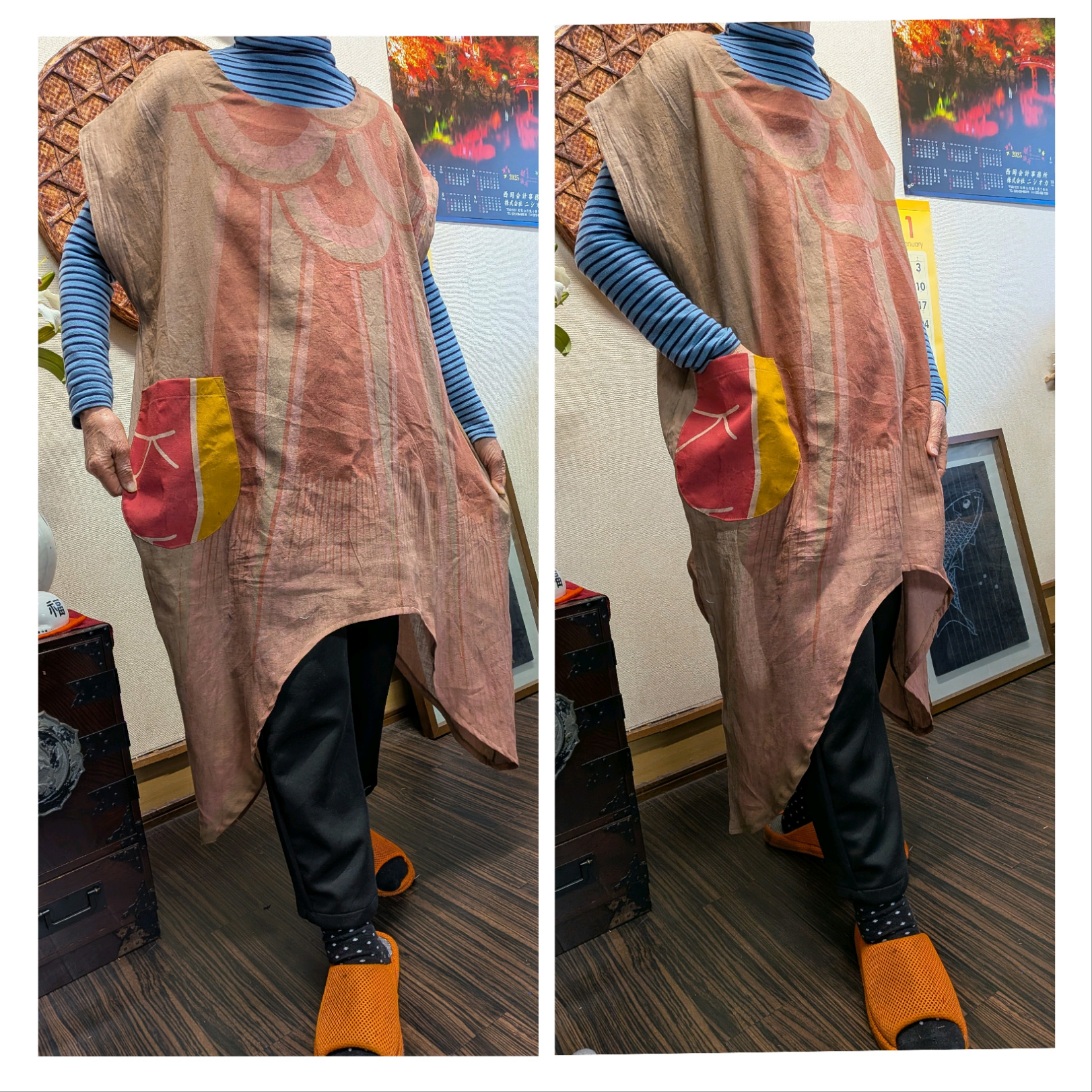 鯉のぼり（木綿）のしっぽの柿渋染めチュニック　　古布リメイク