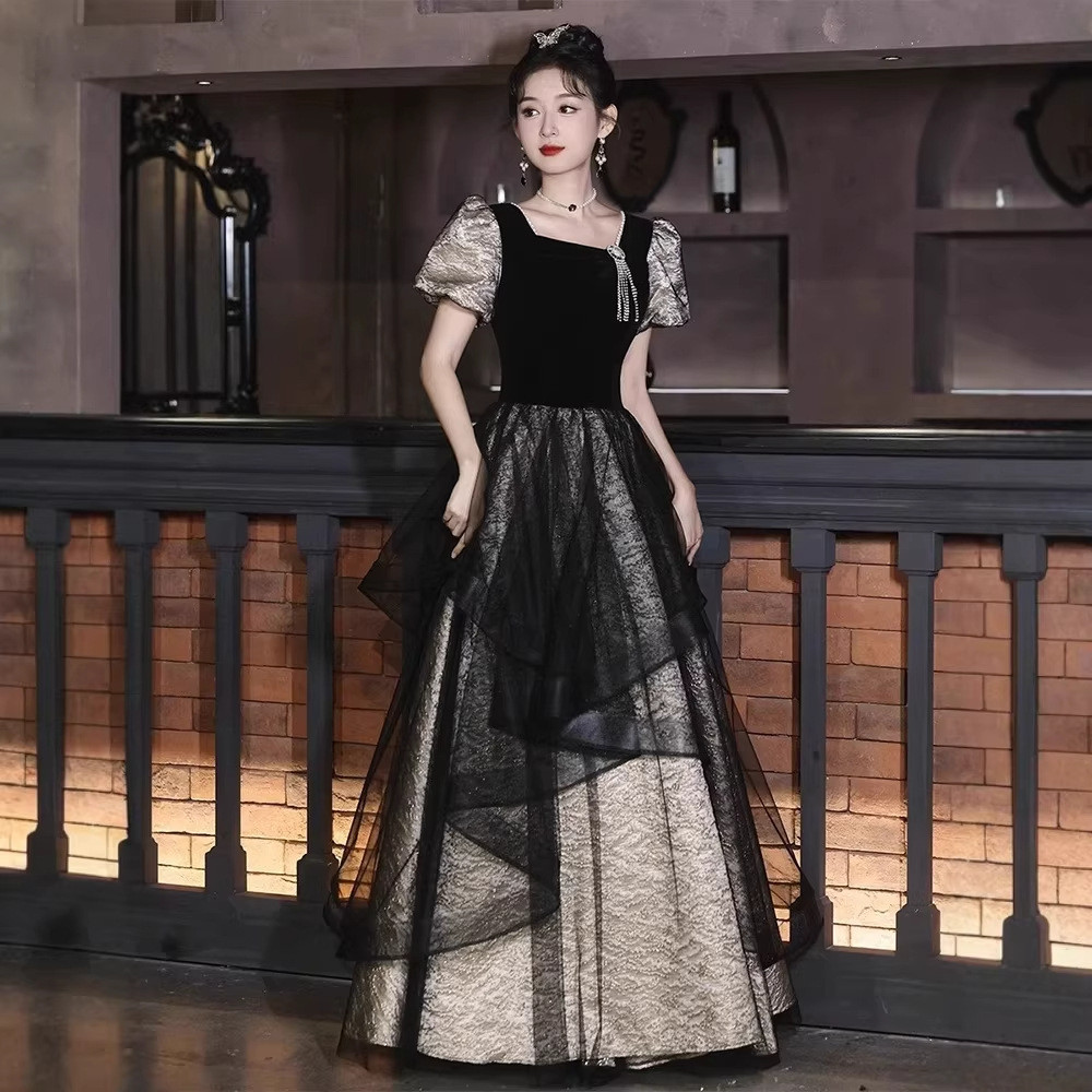 韓国風 黒 キラキラ パフスリーブ パーティードレス エレガント ウェディング 演奏会 二次会 HL1456