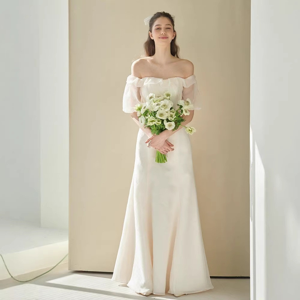 高級感 白 黒 オフショルダー パーティードレス シンプル 韓国風 優雅 花嫁 演奏会 誕生日 前撮り HL1458