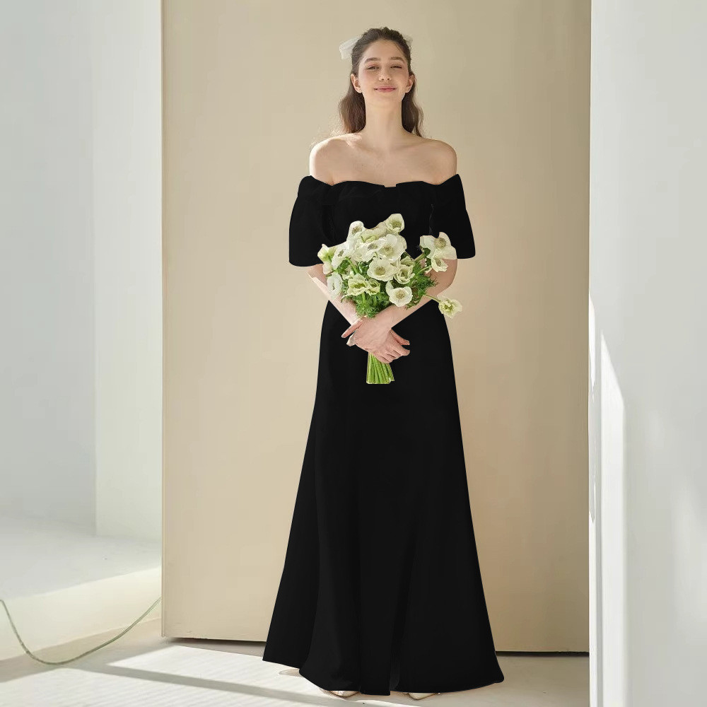 高級感 白 黒 オフショルダー パーティードレス シンプル 韓国風 優雅 花嫁 演奏会 誕生日 前撮り HL1458