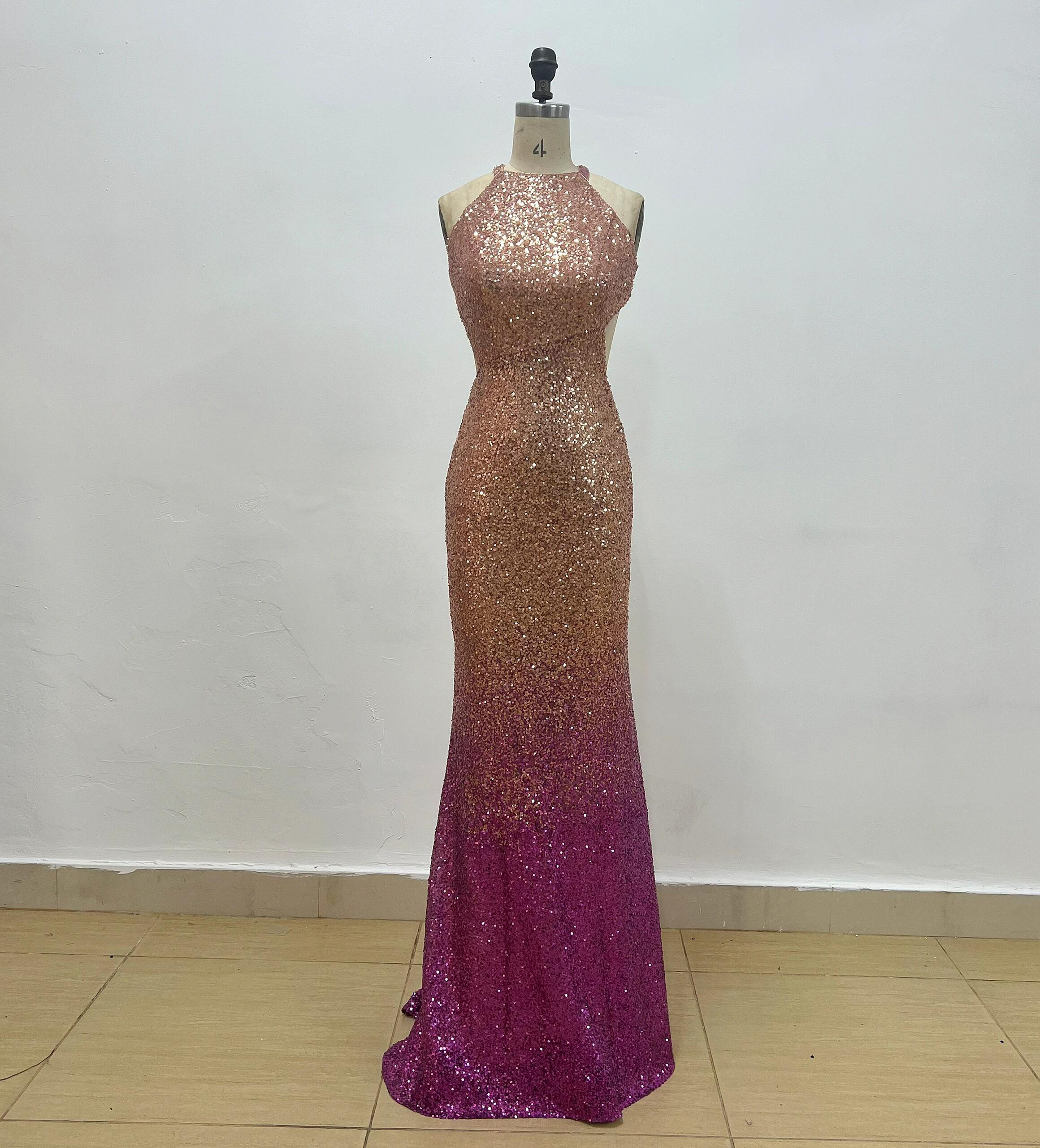 高品質　グラデーション　パーティードレス　ホルターネック　スパコール　マーメイドドレス　キラキラ　背中見せ　袖無し前撮り