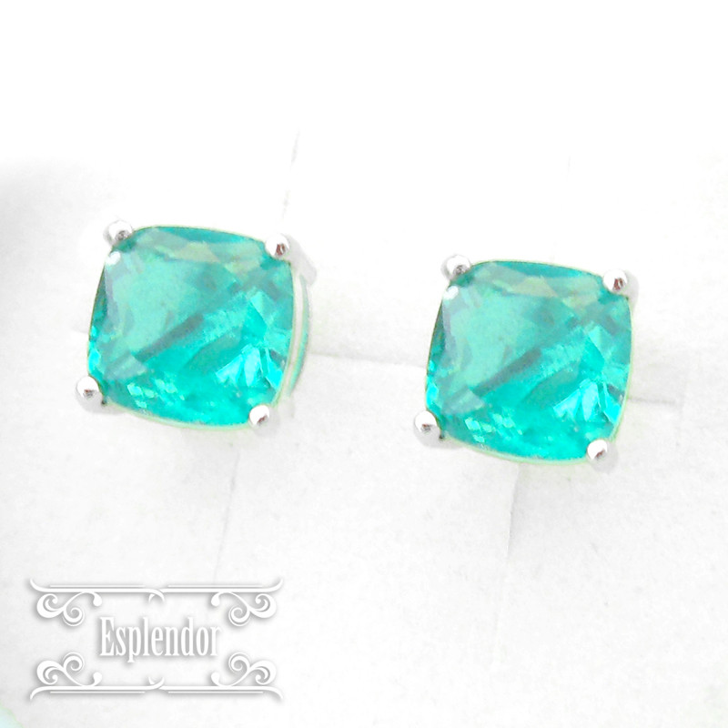 アフリカ産 宝石質 天然 ネオンブルーグリーンアパタイト(スクエア) 一粒ピアス II