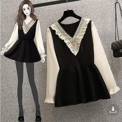 大きいサイズ 新品 秋冬 フリル Vネック トップス 黒×白 韓国風　長袖