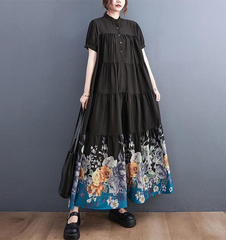 新品大きいサイズ花柄ティアードワンピース マキシ丈 ゆったり 4L体型カバー黒♯