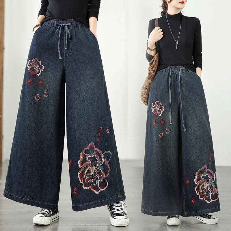 ✨新品 大きいサイズ 3L 華やかな刺繍　デニムワイドパンツ　オールシーズンｊ