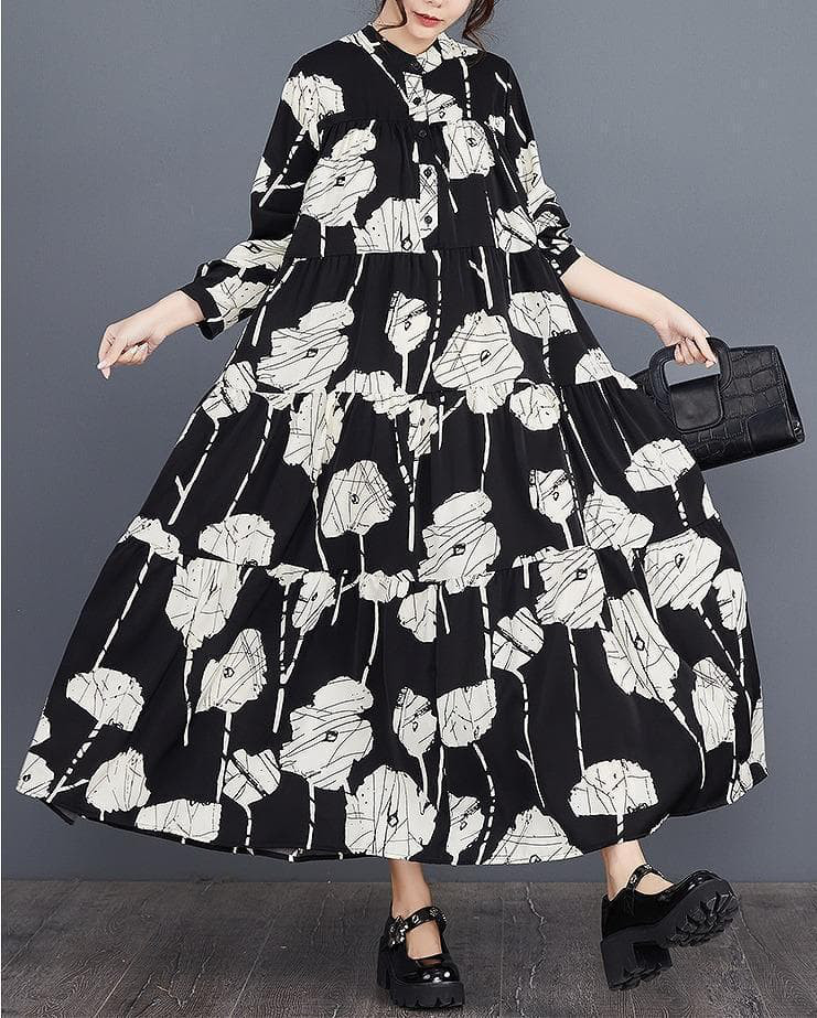 大きいサイズ】新品 ティアードワンピース 花柄 ロング 長袖秋冬
