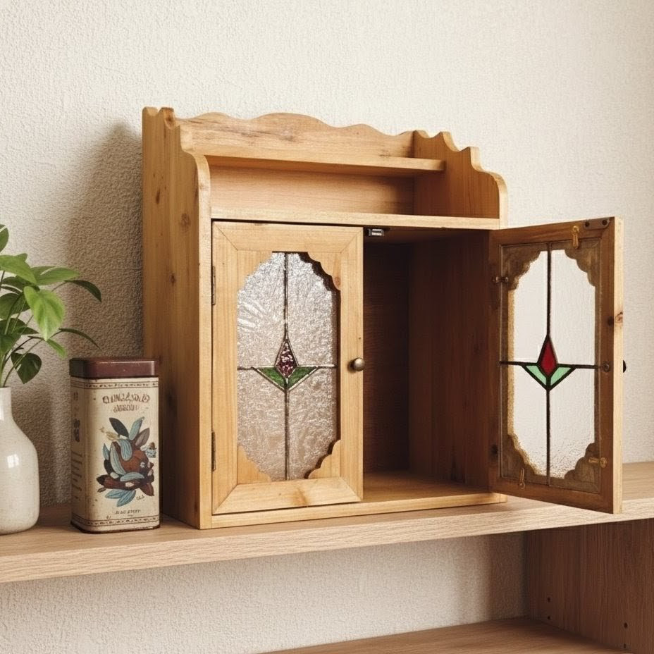 ステンドグラス　アンティーク調木製ミニキャビネット　花紡ぎの小窓　ウッド収納ボックス　レトロ