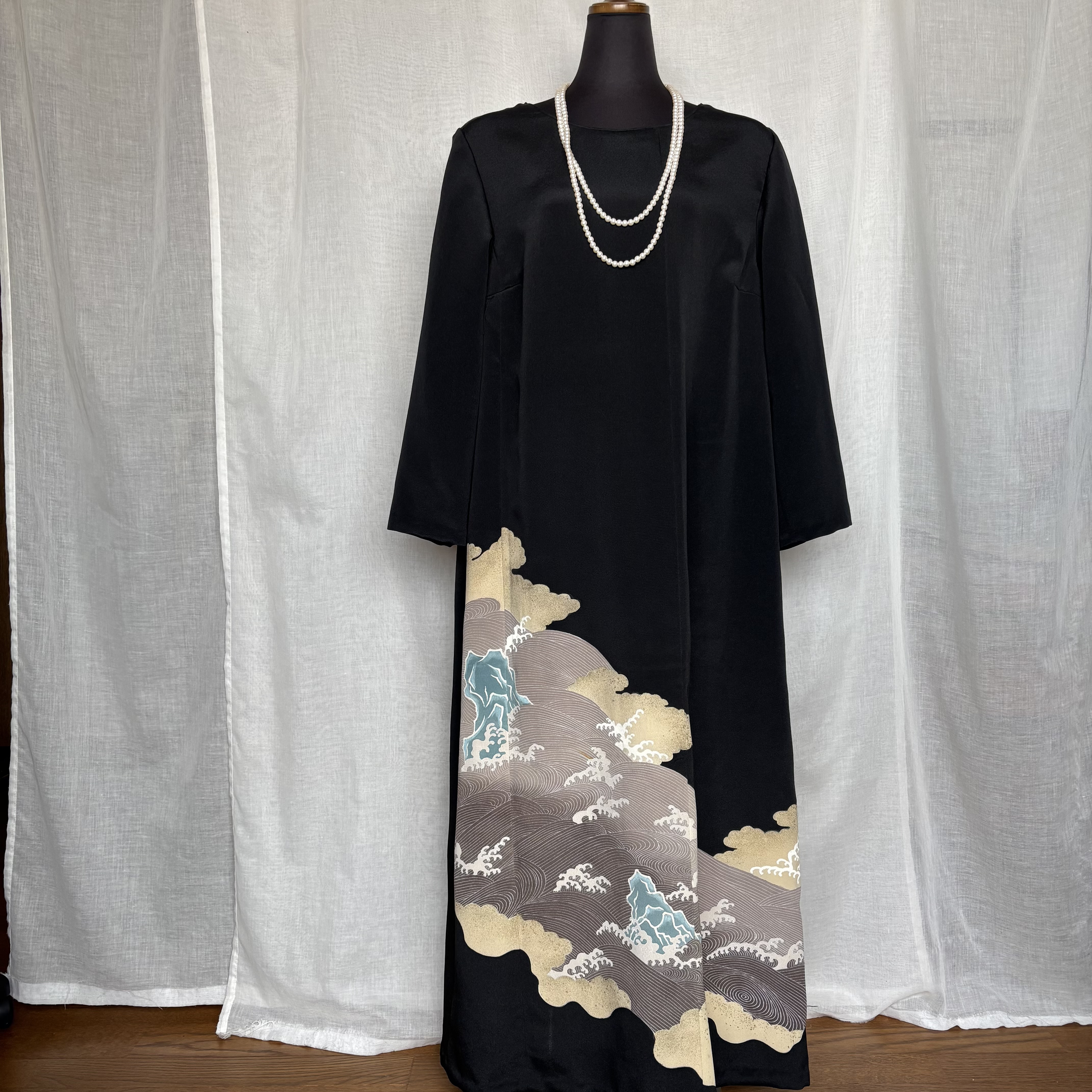 フォーマルドレス 留袖 着物リメイク 波模様　結婚式  パーティー スヌード リボンベルト付き Mサイズ