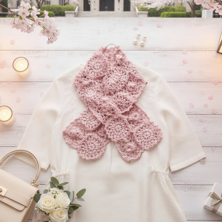 EMIM Bloom Lux│春カラー 花咲く差し込みウールマフラー かぎ針編み 手編み 春ストール │ピンク 桜 桜色