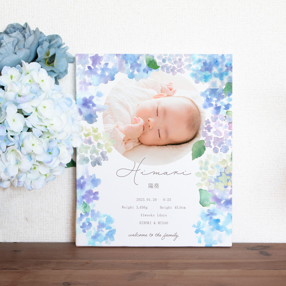 紫陽花の命名書  オーダーメイド 写真入り 名入れ  ベビーポスター キャンバス あじさい