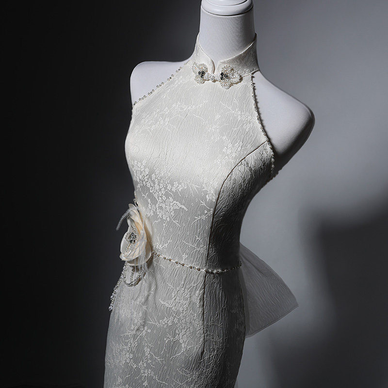 高級感 薄シャンパン色 花 パーティードレス スリム 綺麗 パーティー 演奏会 誕生日 成人式 二次会 前撮り M099