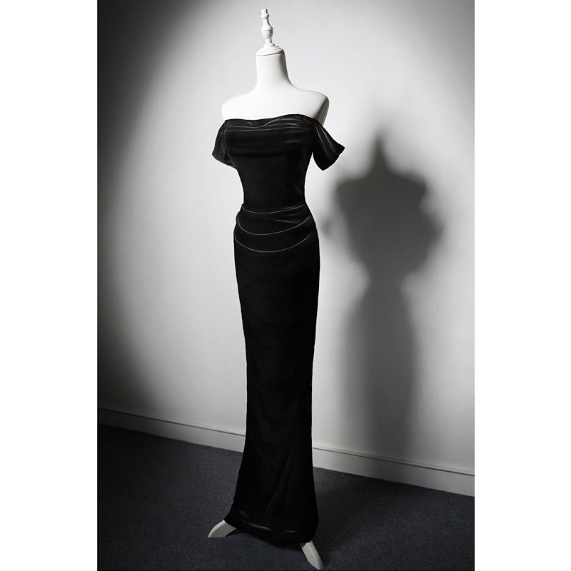 高級感 黒 ベロア オフショルダー パーティードレス シンプル 韓国風 結婚式 誕生日 成人式 二次会 前撮り M107