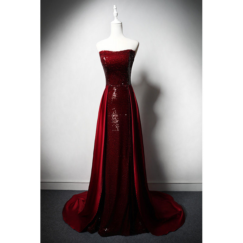 高級感 赤 サテン オフショルダー きらきら パーティードレス 裾引き 韓国風 花嫁 誕生日 二次会 前撮り M110