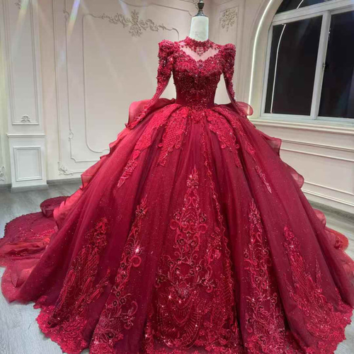 華やかなトレーン 赤レッド 背中空き 韓国スタイル 高級感 チュール