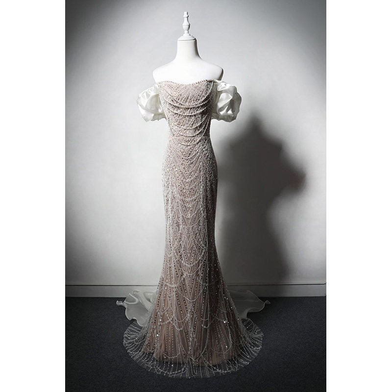 高級感 シャンパン色 パール きらきら マーメイドドレス 裾引き 韓国風 花嫁 誕生日 成人式 二次会 前撮り M118