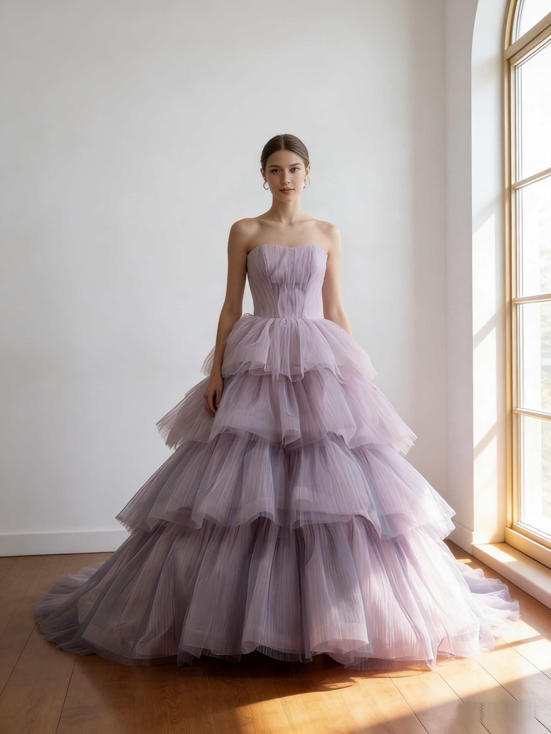 カラードレス   パープル  ティアードのドレス  トレーン  スリット  編み上げ  ビスチェドレス 花嫁