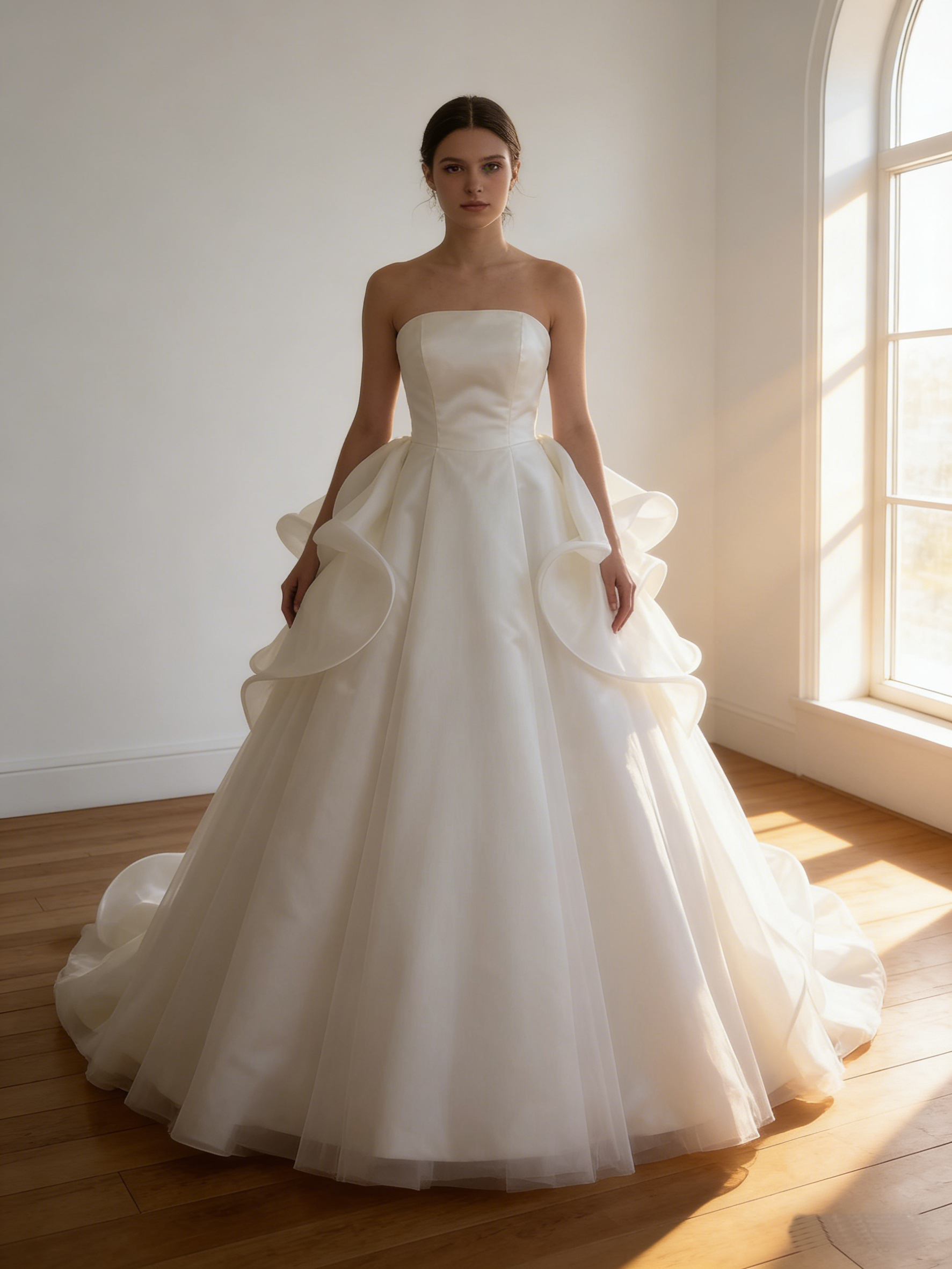 ウエディングドレス  オフホワイト 光沢サテン+上質オーガンジー  ビスチェドレス  ウェーブ  ブライダル