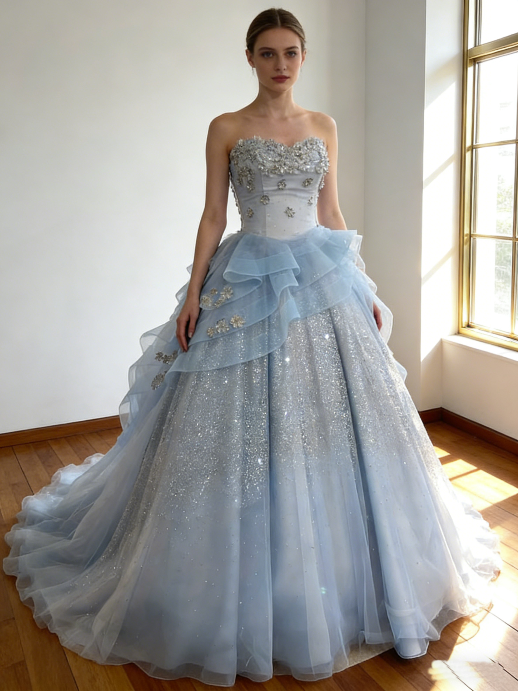 カラードレス  爽やかで優しいブルー  韓国風ドレス  キラキラのハンドビーディング  シークインチュール  花嫁