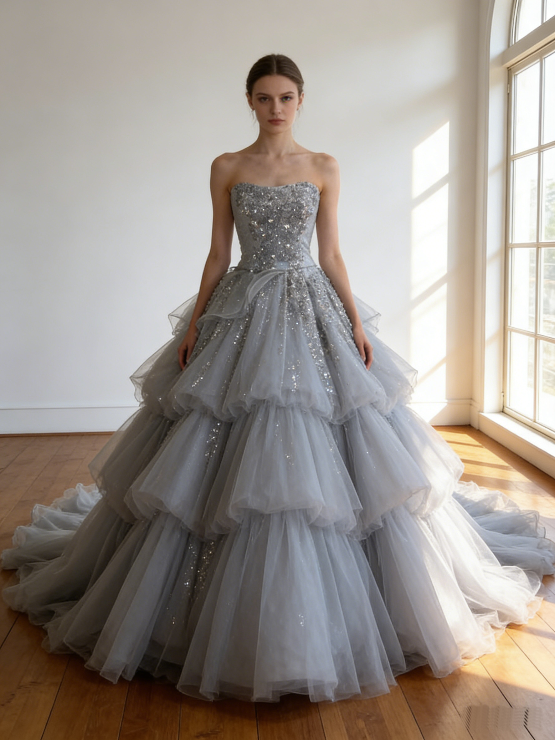 カラードレス  ブルーグレー シークインチュール  スリット  ビスチェドレス  編み上げ  結婚式