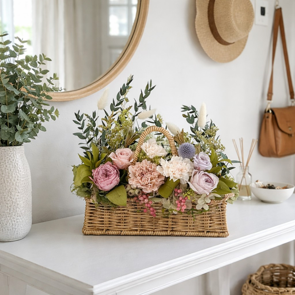 【受注制作】パリスタイル  ローズとグリーンのナチュラルバスケット /プリザーブドフラワー/開店祝//母の日/誕生日