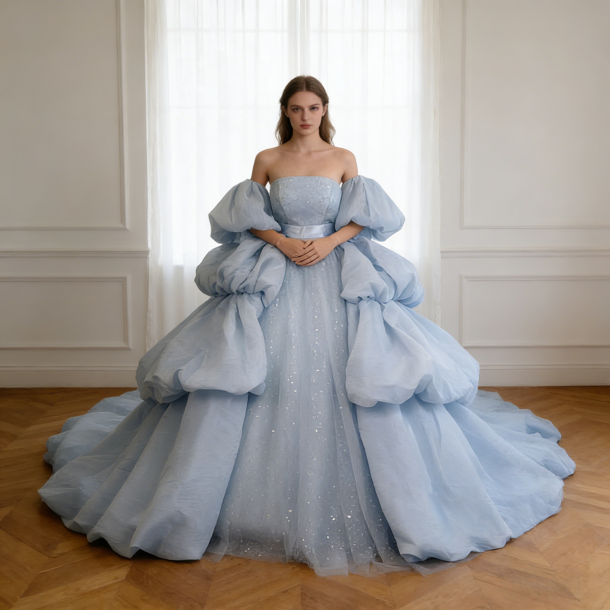 カラードレス ライトブルー ベアトップ キラキラチュール パフスリーブ ラッフルフリル 前撮り 二次会