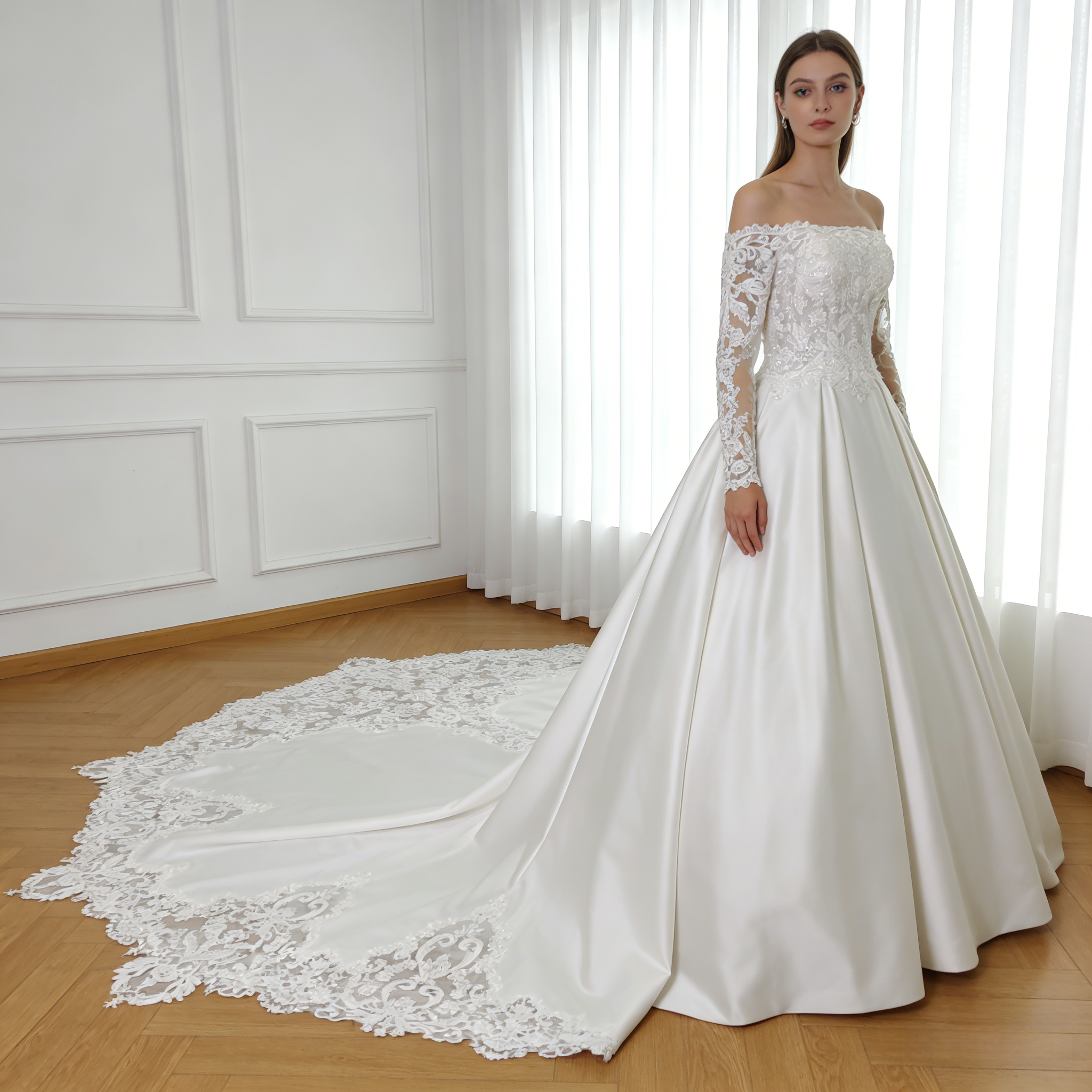 ウェディングドレス オフショルダー 上品レース 長袖 華やかなトレーン デザイン感 くるみボタン 結婚式 前撮り