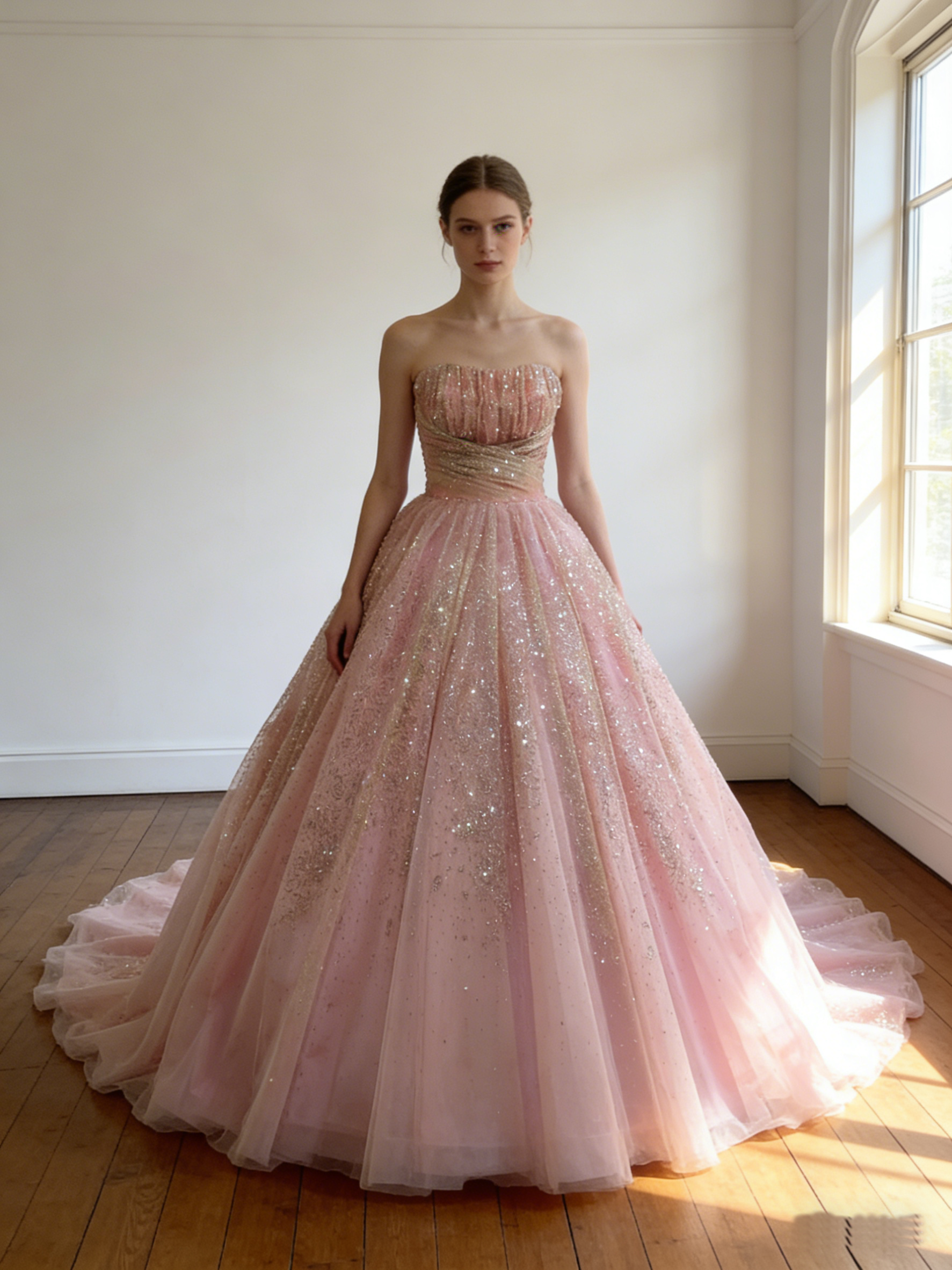 カラードレス  ピンク シークインチュール  華やかなトレーン  スリット  ビスチェドレス  花嫁 前撮り