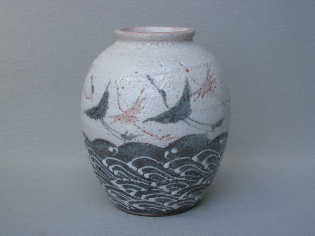 045-0014　花器 花瓶 置物 インテリア 和陶器 和モダン /志野波双鶴壺