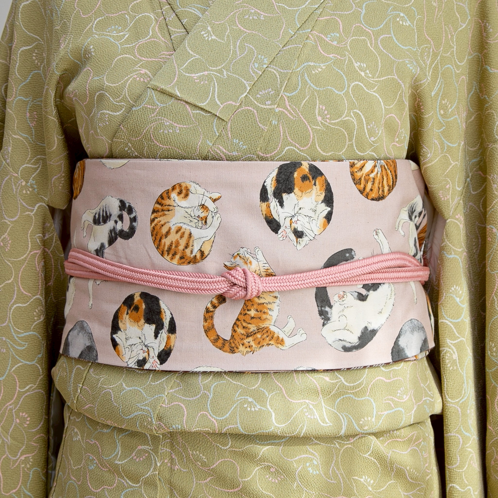 猫とチェックの"あんもニャいと"半幅帯