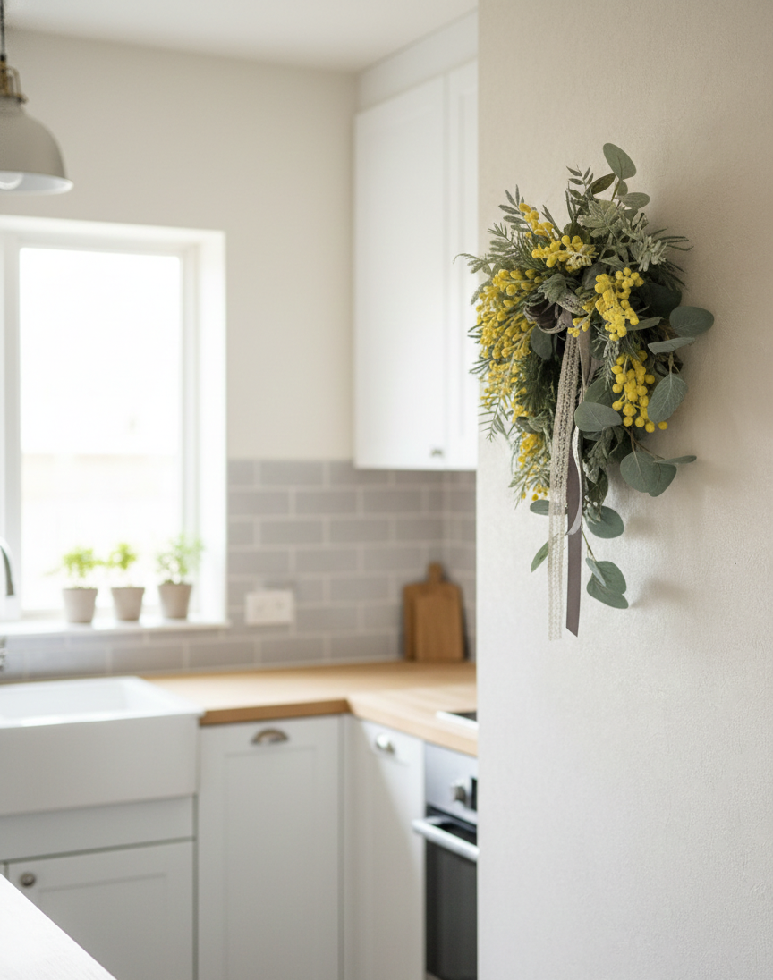 ミモザリース　おしゃれリース　ナチュラルリース　ミモザ　インテリア　玄関リース　春リース