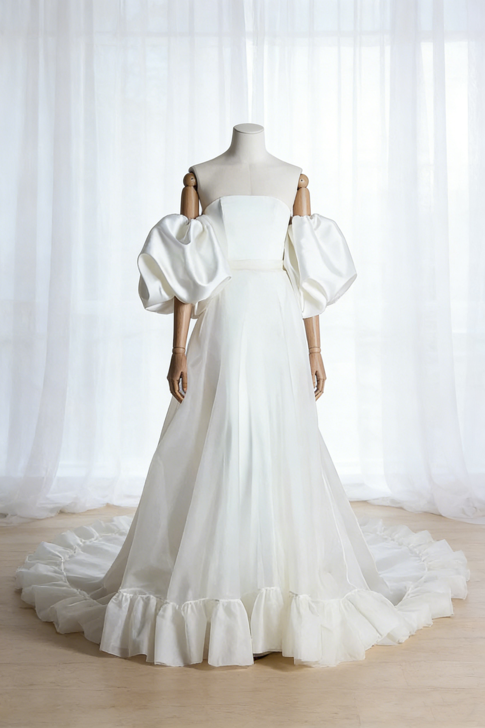 送料無料！ウエディングドレス パフスリーブドレス リボントレーン ベアトップ シフォンオーガンジー 結婚式 前撮り