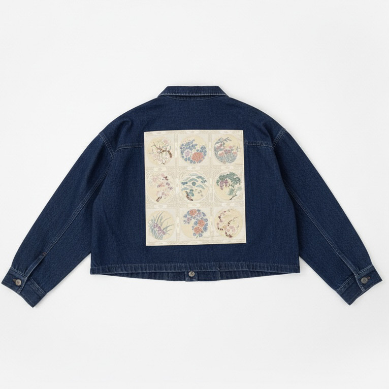 【古着リメイク】帯リメイク オーバーサイズデニムジャケット　四季折々の植物