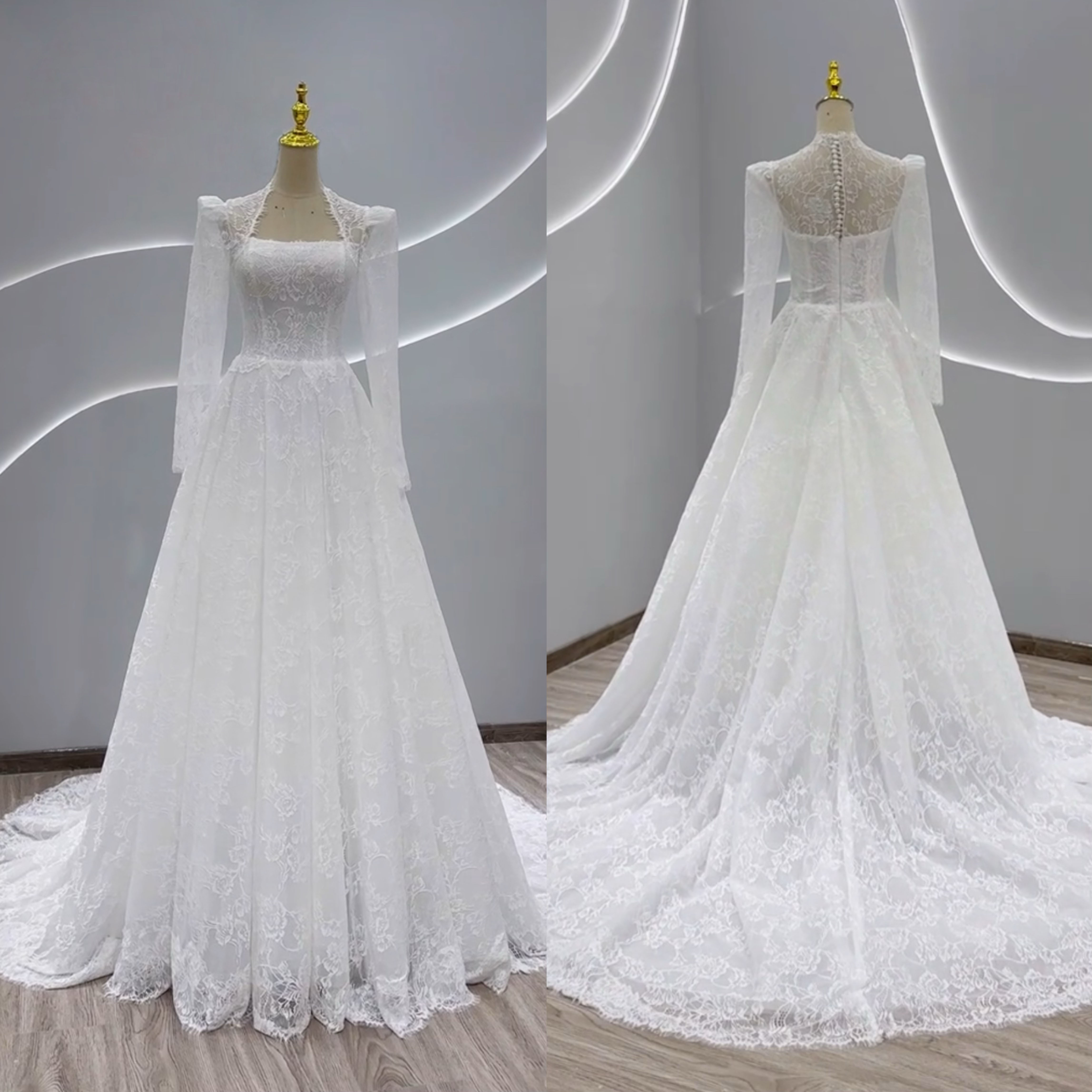 取り外し可能お袖　長袖　2025春婚秋婚　白　咲き誇る透け花レース　イリュージョン　くるみボタン　ファスナー裾レース挙式