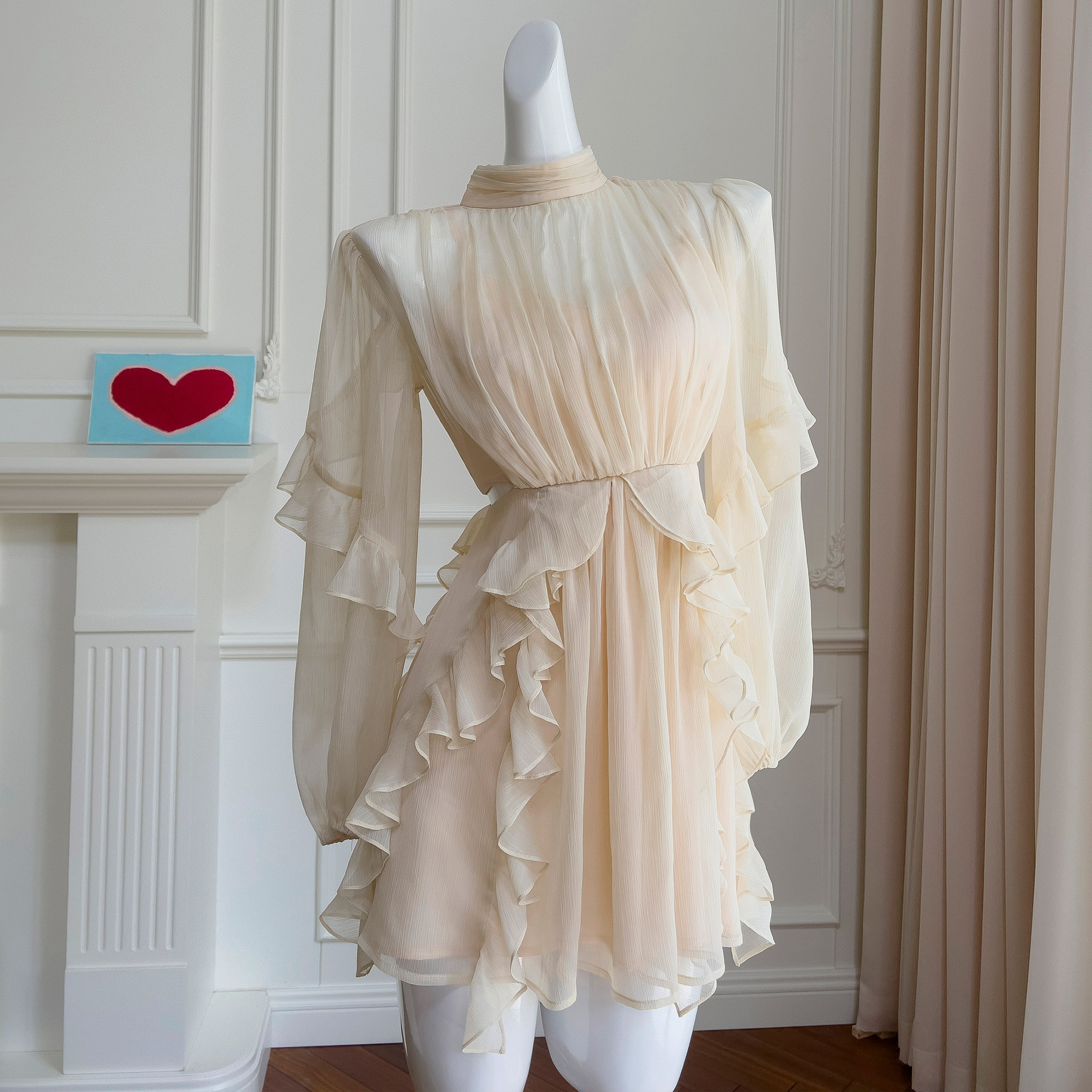 カラードレス パーティードレス ショート丈 アプリコット 長袖 シフォン 誕生日 成人式 前撮り お呼ばれ 68053