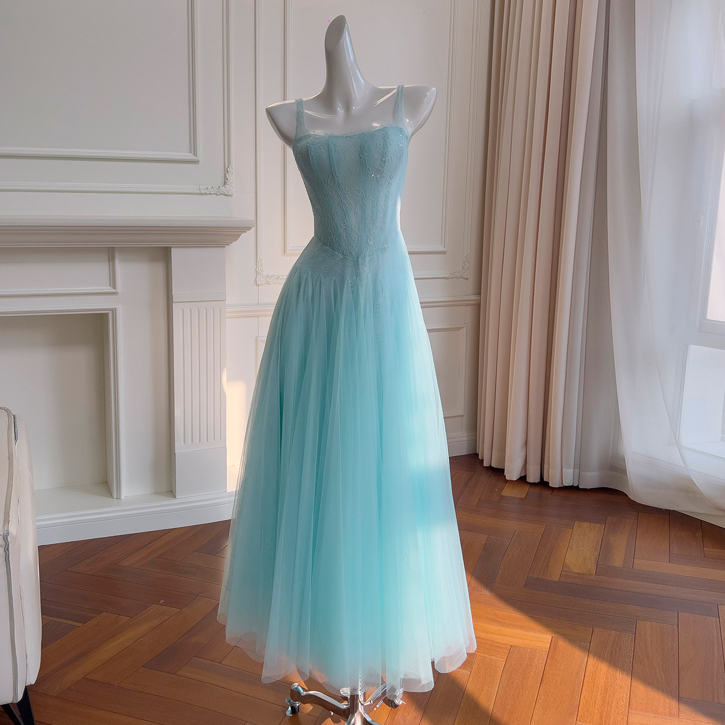 カラードレス パーティードレス 青 レース ノースリーブ シンプル 韓国風 パーティー 前撮り お呼ばれ 69558