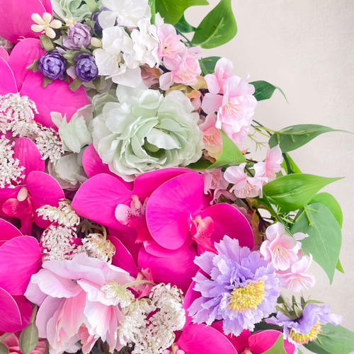 胡蝶蘭とミモザのスワッグ｜光触媒フラワー 特大83cm 春色フラワー