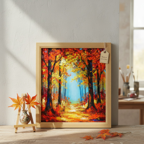 秋の贈り物｜油彩画　油絵「紅葉の回廊」壁掛け 絵画 インテリア アート　贈り物 3枚目の画像