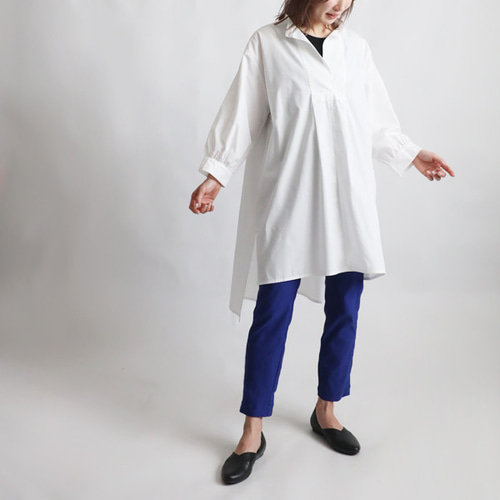 新作コットンMIX 開襟 かぶるだけ スキッパー オーバー ロング シャツ