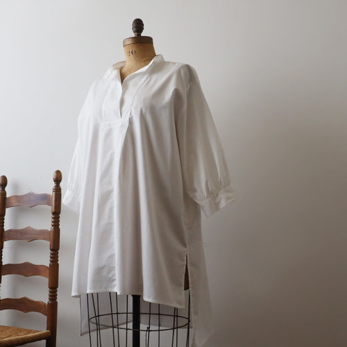 新作コットンMIX 開襟 かぶるだけ スキッパー オーバー ロング シャツ