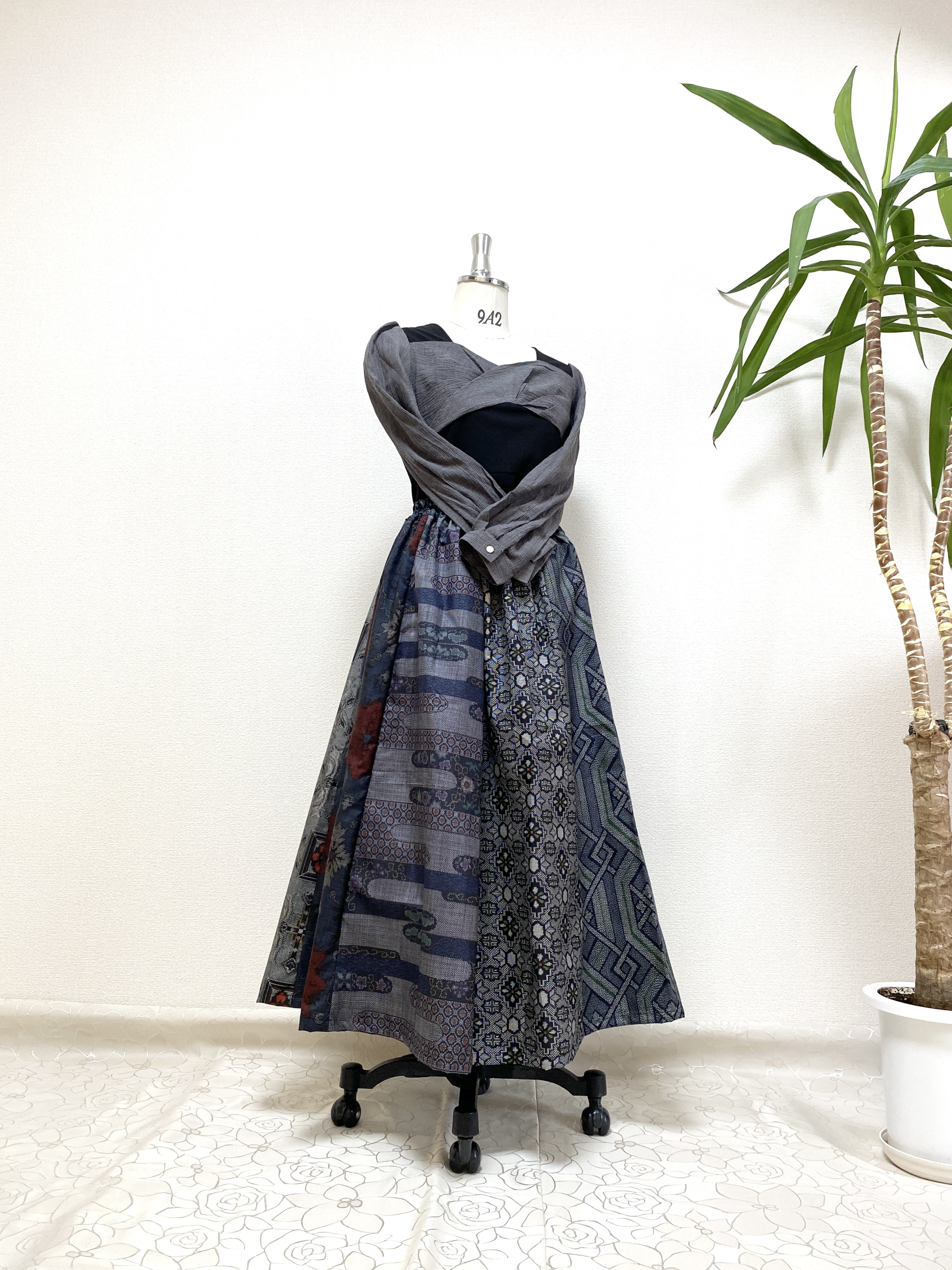 大人可愛いセレブ大島着物スカート大島紬着物リメイクロングスカートフリーサイズ1点物ハンドメイド送料込みNO.5865