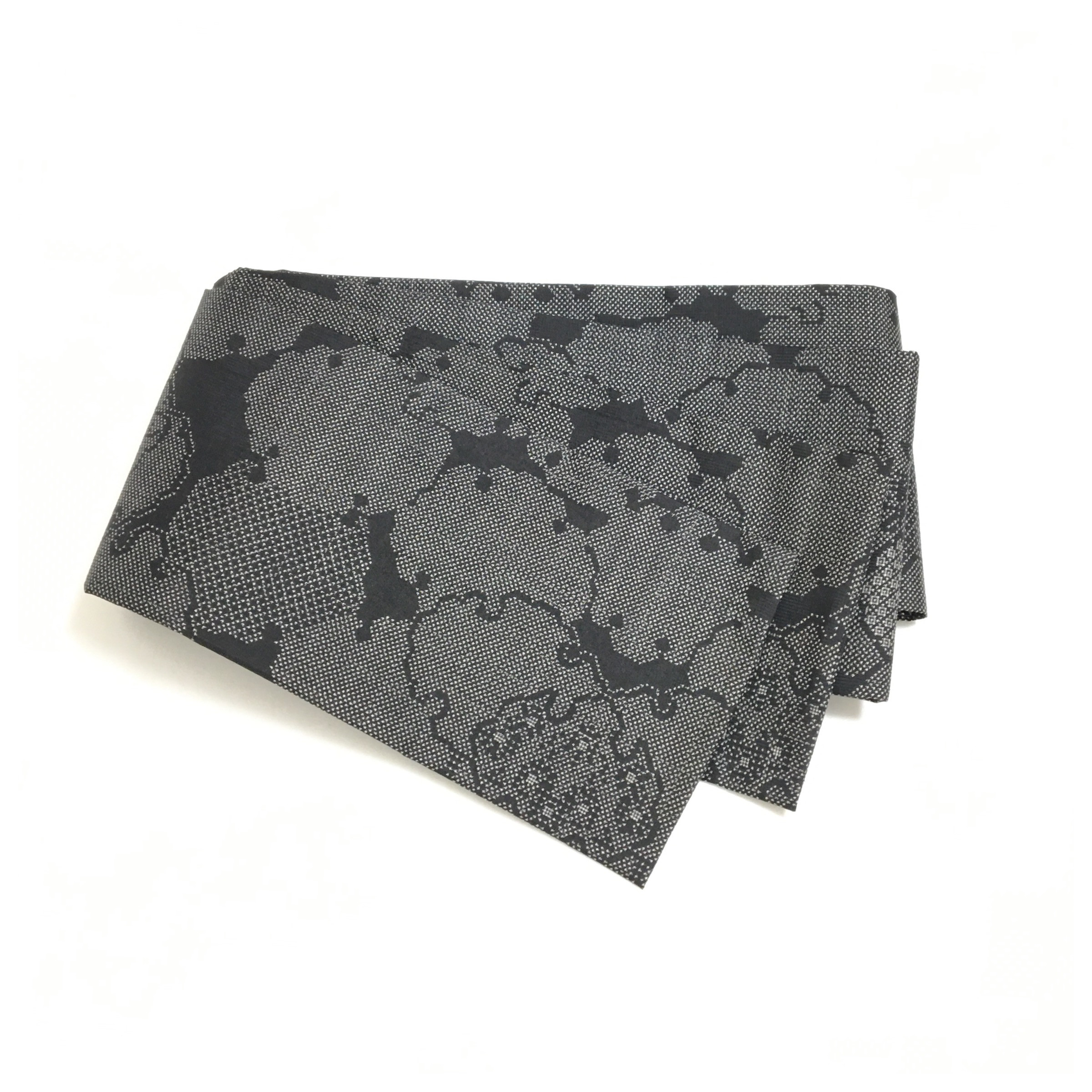 美品　正絹　半幅帯　雪輪　黒　紬　個性派　長尺430　巾16