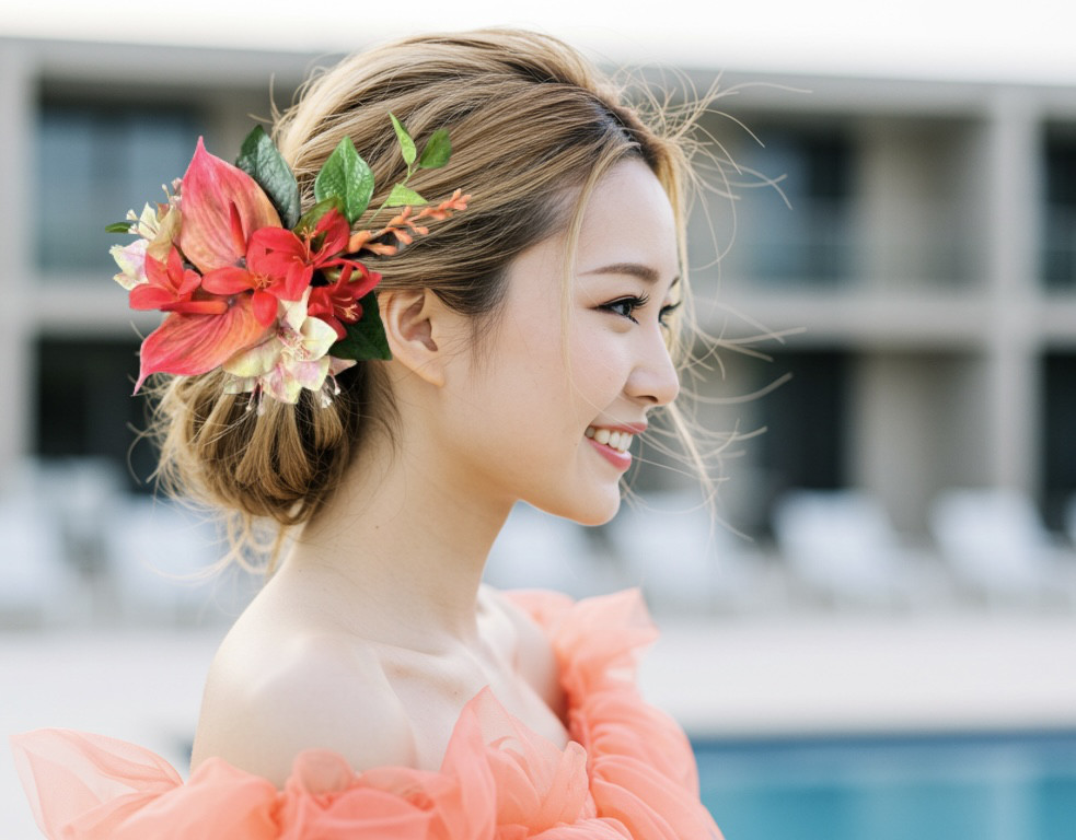 髪飾り 結婚式 サマーウェディング ハワイアン フラ ヘッドドレス アンスリウム ブーゲンビリア