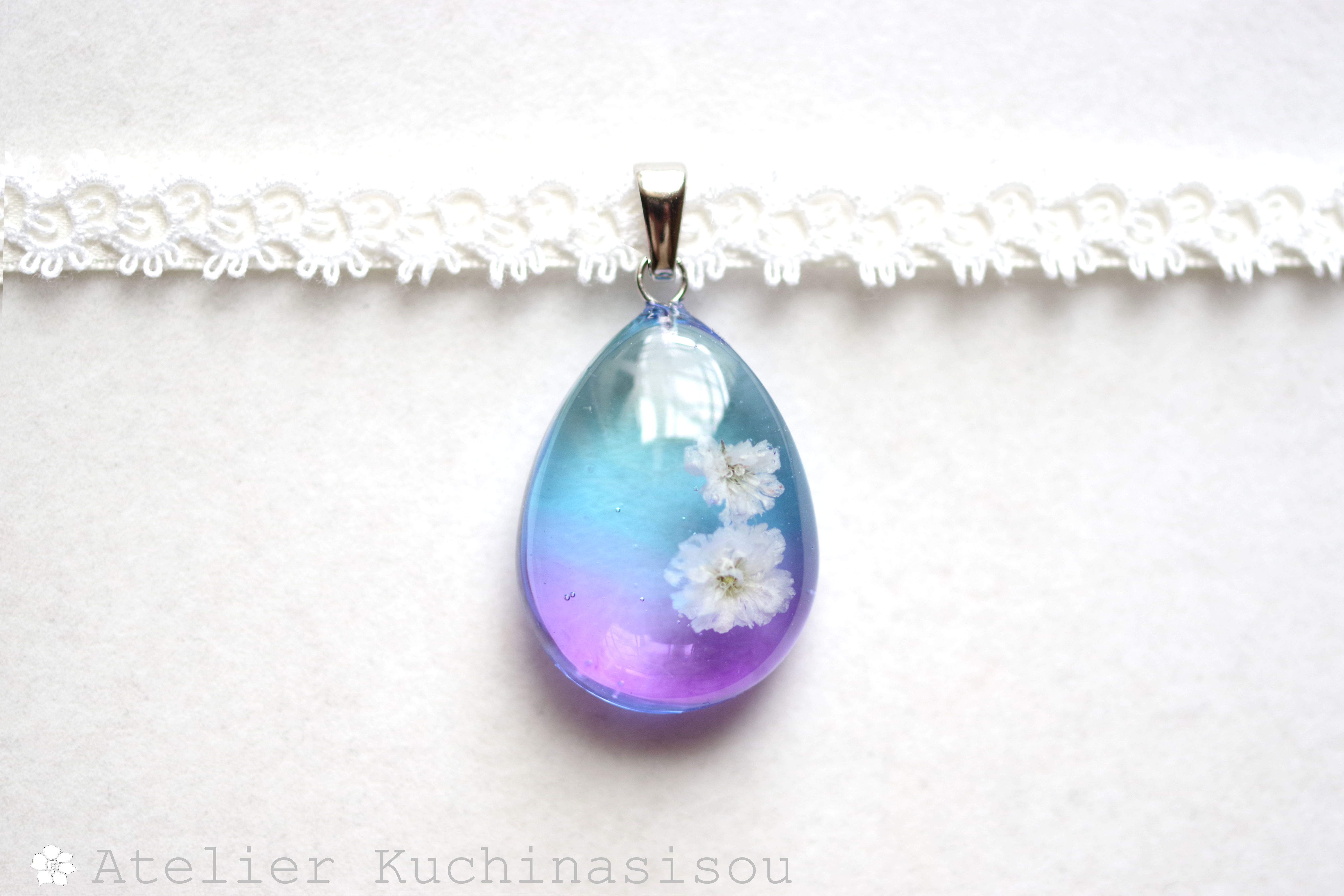 【受注製作】レジンアート　ドロップモチーフとタティングレースとサテンリボンのチョーカー〈宵闇の庭〉