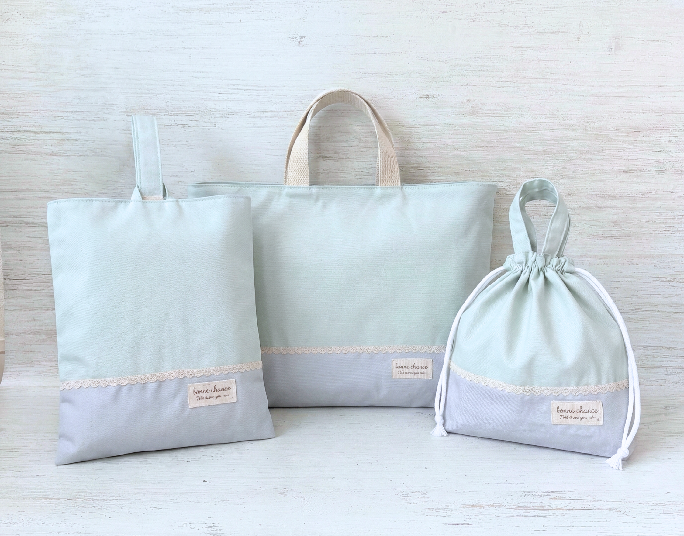 国産紀州オックスの入園入学3点セット【アクアブルー＆スカイグレイ】レース｜レッスンバッグ・上履き入れ・持ち手付き巾着