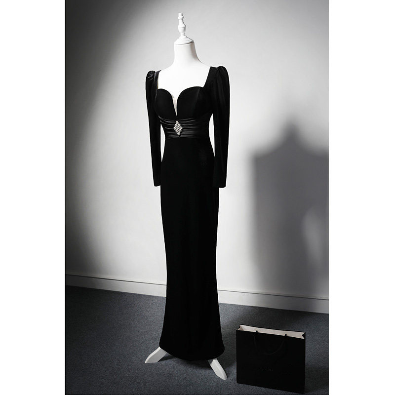 高級感 黒 ベロア 長袖 パーティードレス シンプル パーティー 演奏会 誕生日 成人式 二次会 前撮り M121